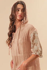 BiBi Jacquard Flower Puff Sleeve Hooded Knit Top | Tops Daverri Fashions