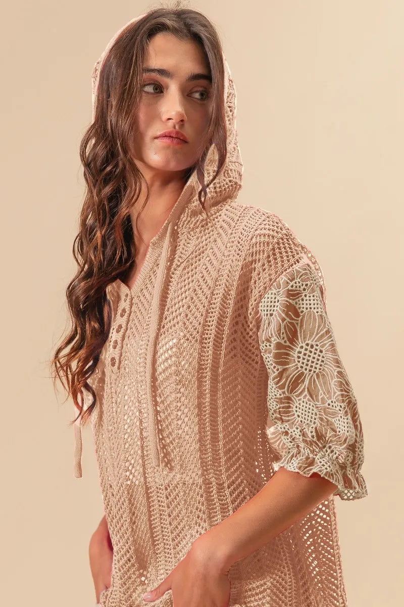 BiBi Jacquard Flower Puff Sleeve Hooded Knit Top Tops