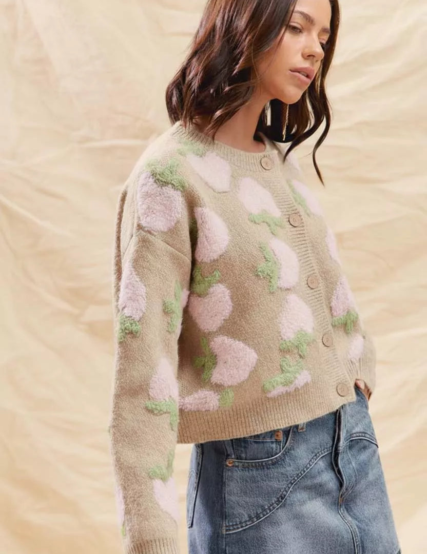 SO ME Strawberry Fruit All Over Button Sweater Cardigan | Cardigans Daverri Fashions