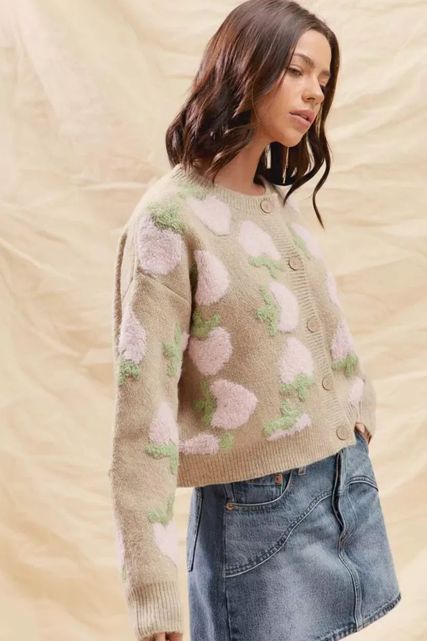 SO ME Strawberry Fruit All Over Button Sweater Cardigan - DAVERRI FASHIONS