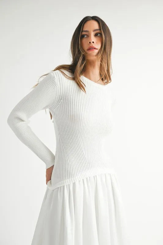 MABLE Ribbed Poplin Mix Midi Sweater Dress