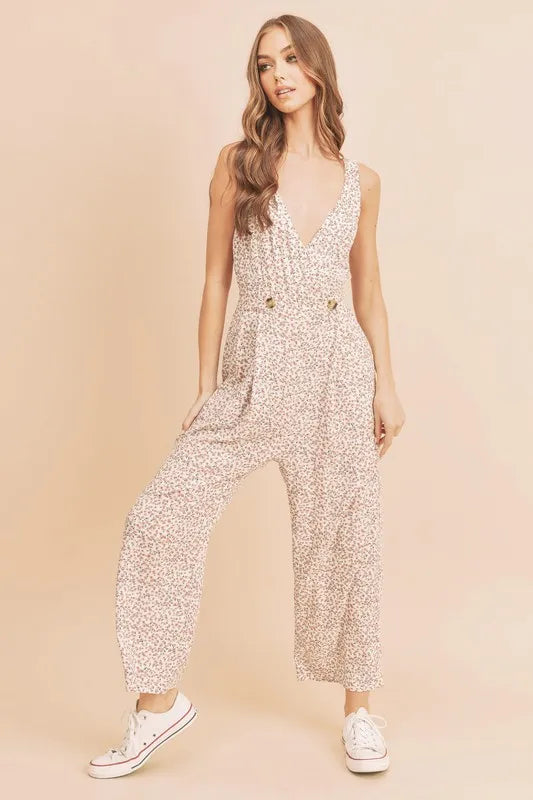 Aemi + Co Ditsy Floral Surplice Sleeveless Wide Leg Jumpsuit Jumpsuits