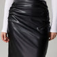 Faux Leather Slit Back Ruched Midi Skirt - DAVERRI FASHIONS