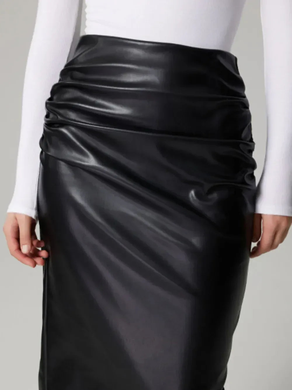 Faux Leather Slit Back Ruched Midi Skirt - DAVERRI FASHIONS