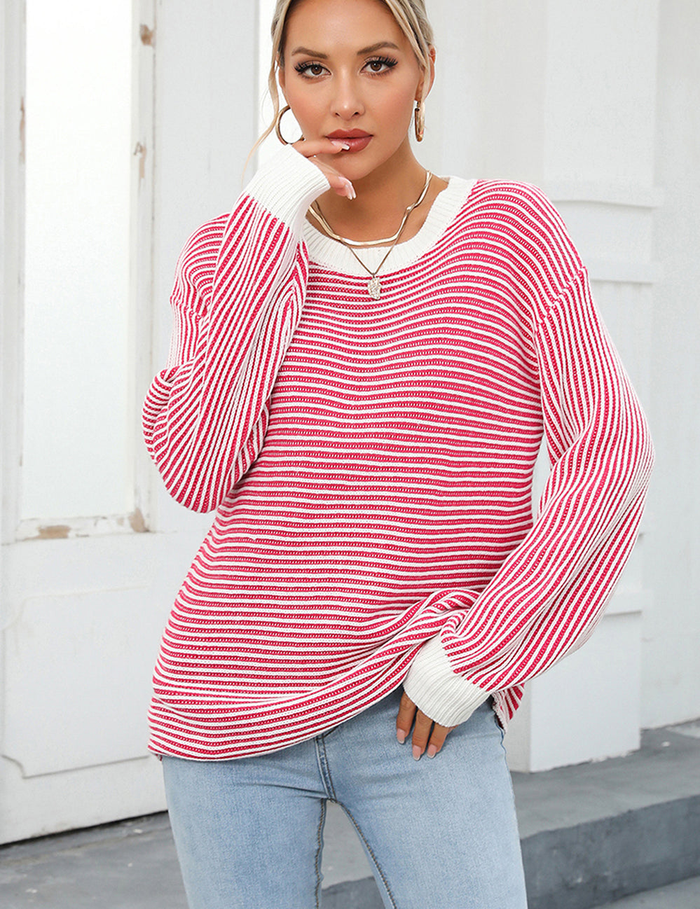 Deep Rose Angel Wings Striped Round Neck Long Sleeve Knit Top | Sweaters Daverri Fashions