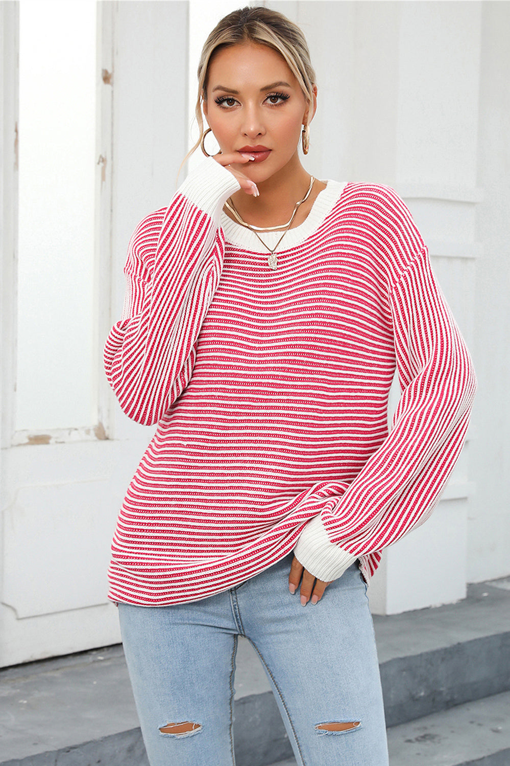Deep Rose Angel Wings Striped Round Neck Long Sleeve Knit Top | Sweaters Daverri Fashions
