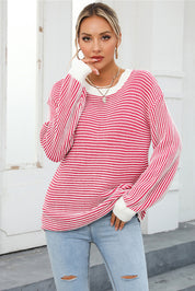 Deep Rose Angel Wings Striped Round Neck Long Sleeve Knit Top | Sweaters Daverri Fashions