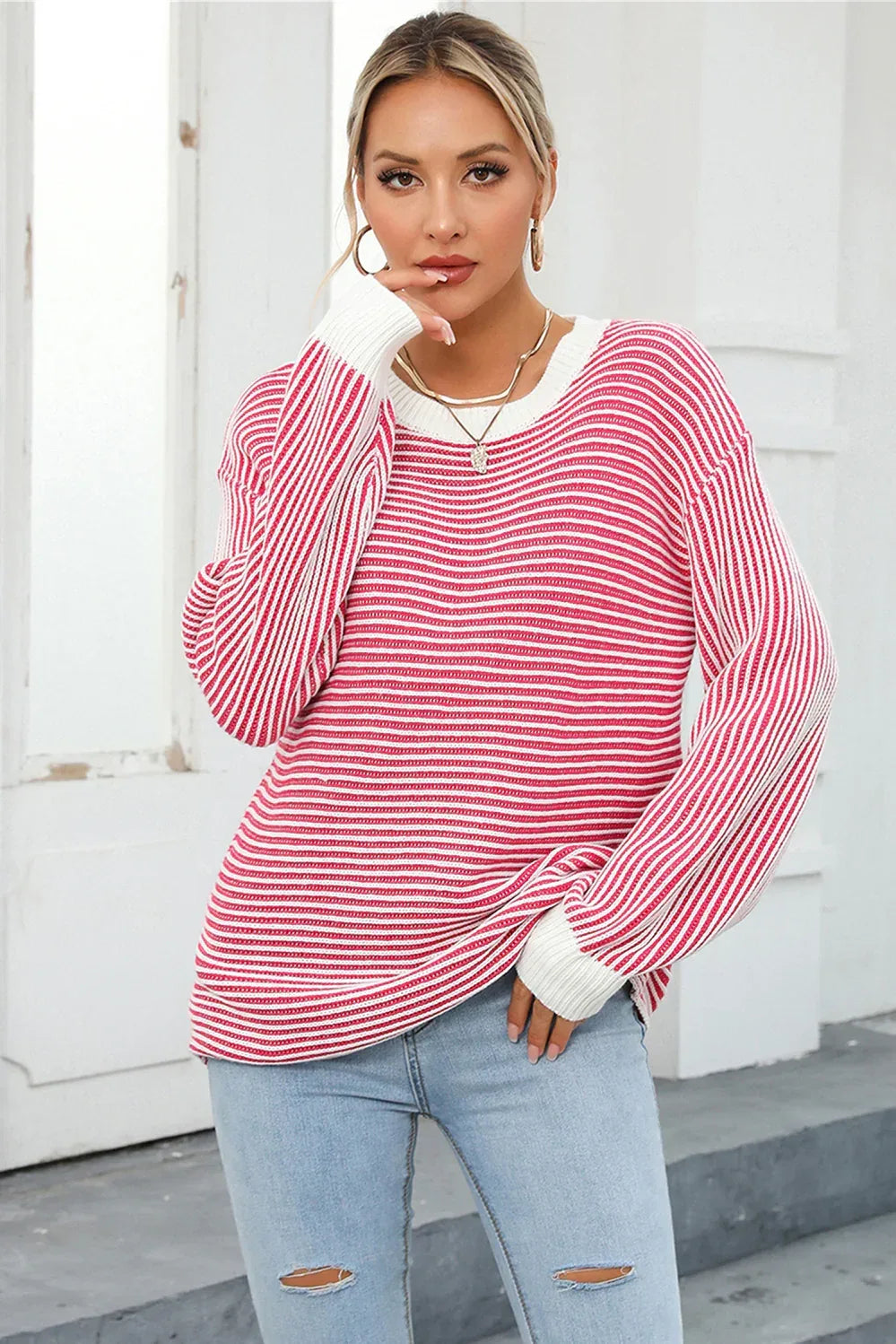 Angel Wings Striped Round Neck Long Sleeve Knit Top - DAVERRI FASHIONS