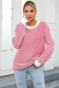Angel Wings Striped Round Neck Long Sleeve Knit Top - DAVERRI FASHIONS
