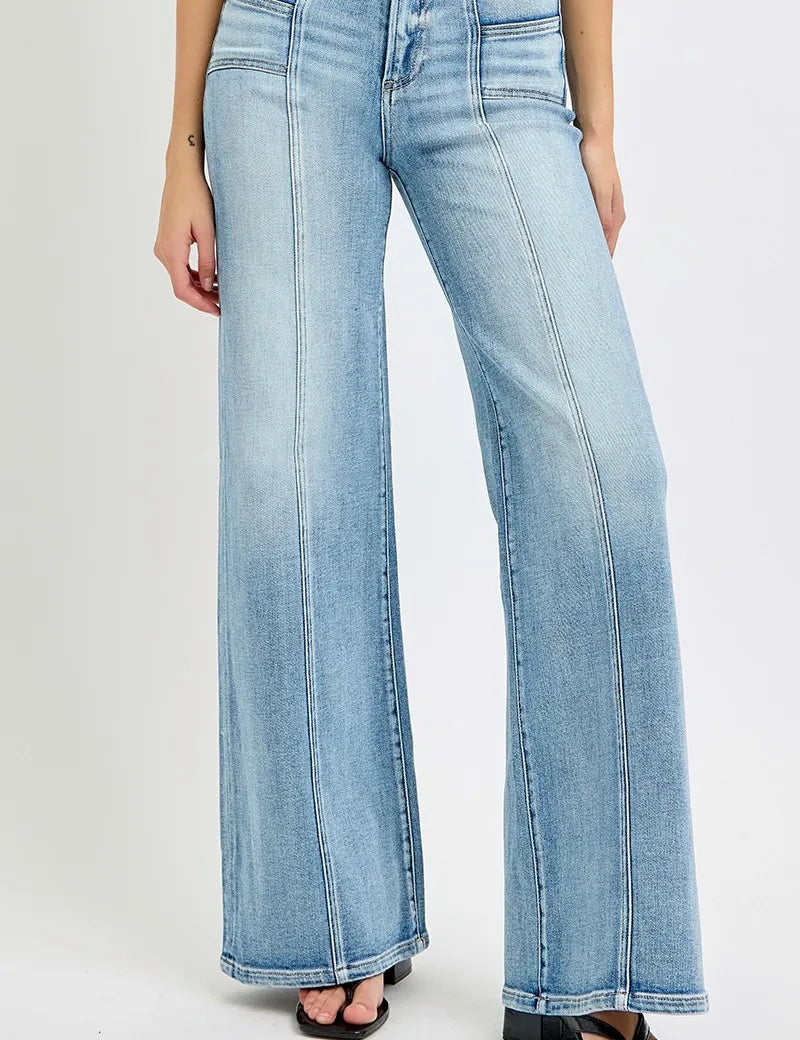 RISEN Full Size Mid Rise Wide Jeans with Front Patch Pockets | Jeans Daverri Fashions