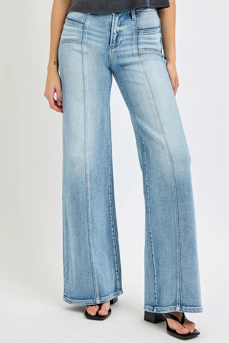 RISEN Full Size Mid Rise Wide Jeans with Front Patch Pockets Jeans