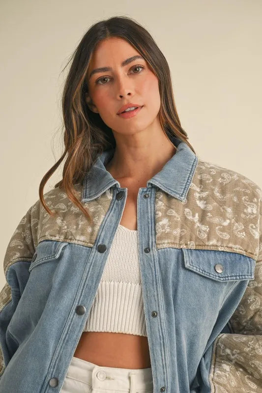 MABLE Quilted Paisley Print Contrast Denim Jacket