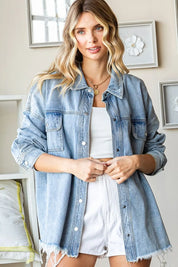 Denim First Love Smile Face Button Down Raw Hem Denim Jacket | Denim Jackets Daverri Fashions