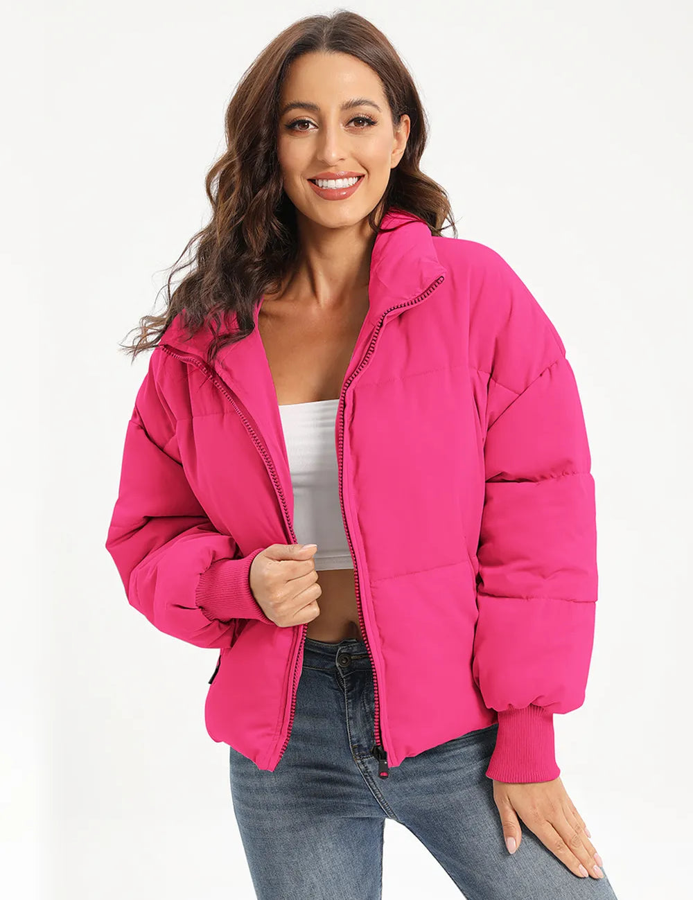 Hot pink zip-up turtleneck puffer jacket with hood
