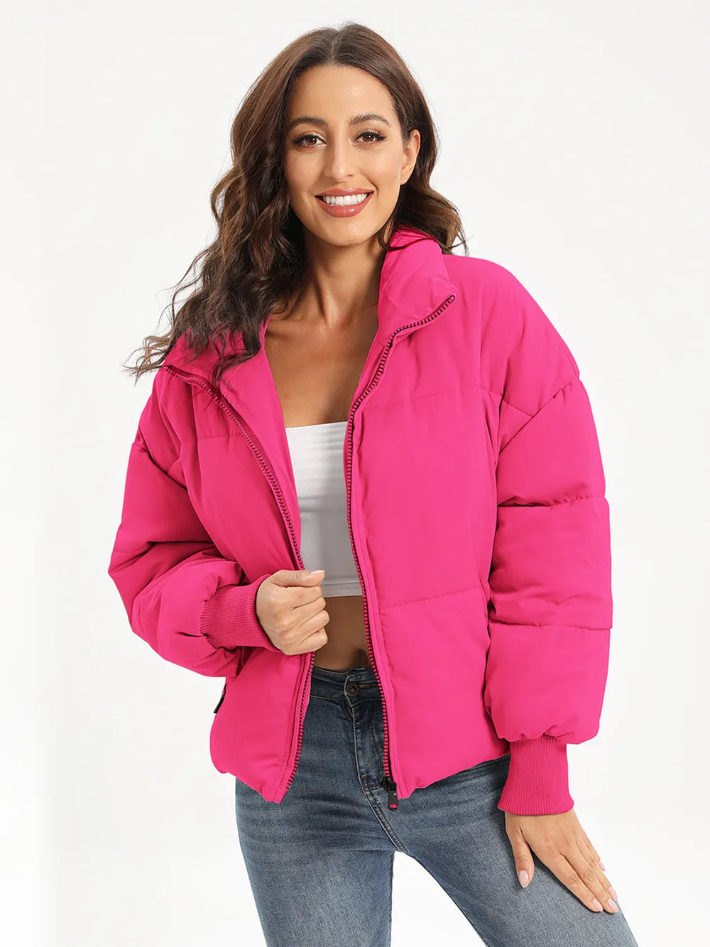Hot pink zip-up turtleneck puffer jacket with hood