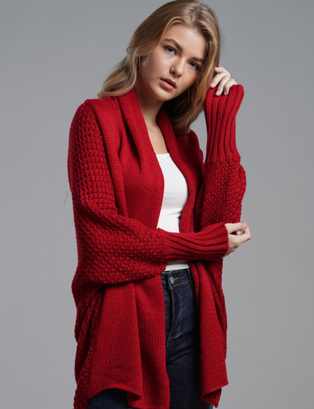 Dolman Sleeve Open Front Ribbed Trim Longline Cardigan | Cardigans Daverri Fashions