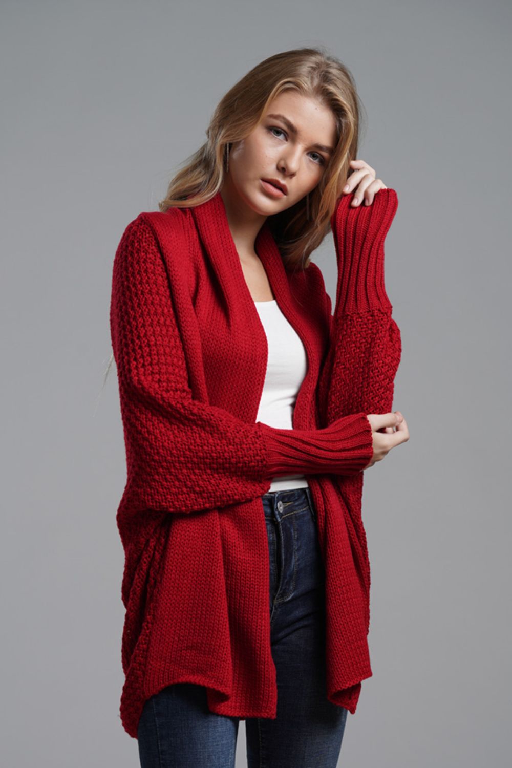 Dolman Sleeve Open Front Ribbed Trim Longline Cardigan | Cardigans Daverri Fashions