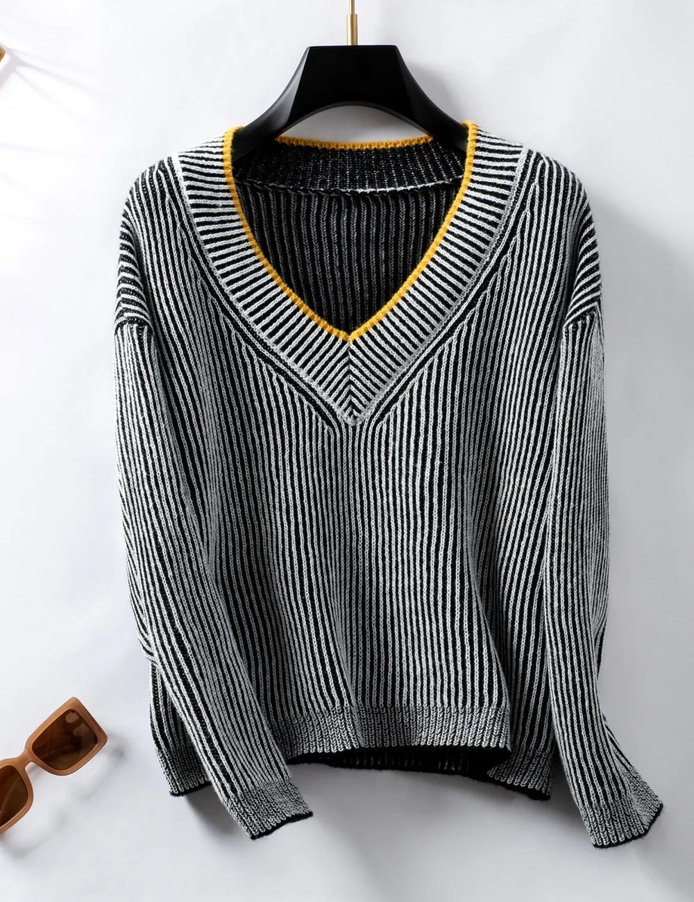 Black Striped V-Neck Long Sleeve Sweater | Sweaters Daverri Fashions