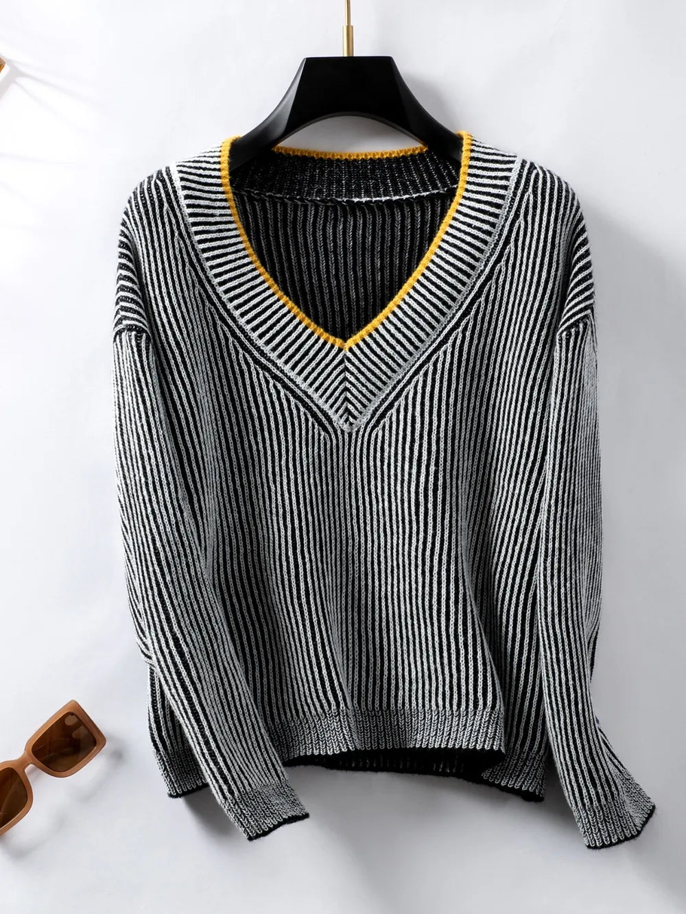 Black Striped V-Neck Long Sleeve Sweater | Sweaters Daverri Fashions