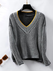 Black Striped V-Neck Long Sleeve Sweater | Sweaters Daverri Fashions