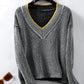 Striped V-Neck Long Sleeve Sweater - DAVERRI FASHIONS