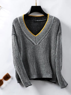 Striped V-Neck Long Sleeve Sweater - DAVERRI FASHIONS