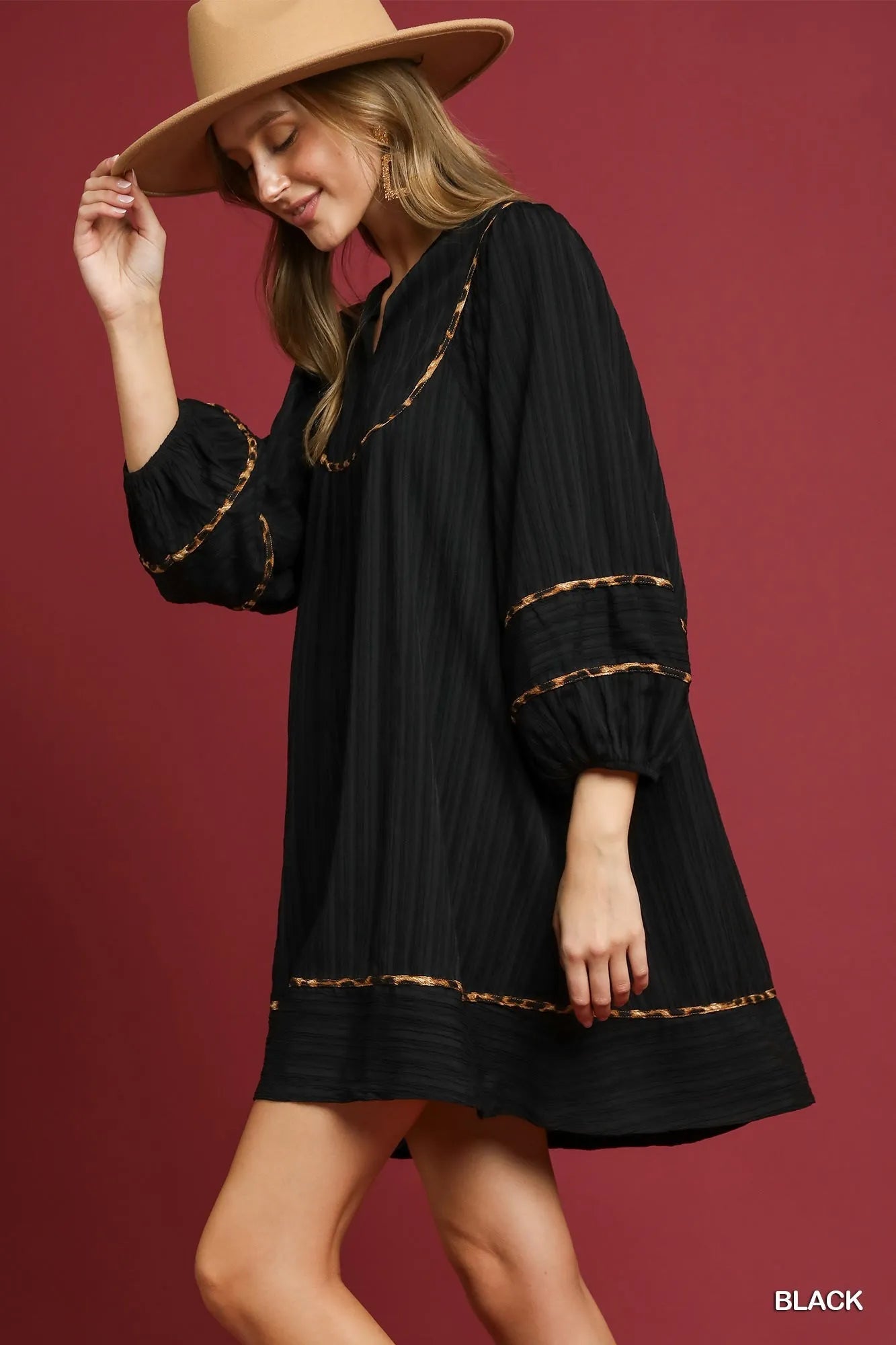 Umgee Full Size Textured Babydoll Dress with Leopard Trim Plus Size | Daverri Fashions