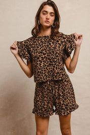 BiBi Leopard Print Waffle Texture Ruffle Sleeve Romper Set