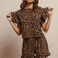 BiBi Leopard Print Waffle Texture Ruffle Sleeve Romper Set