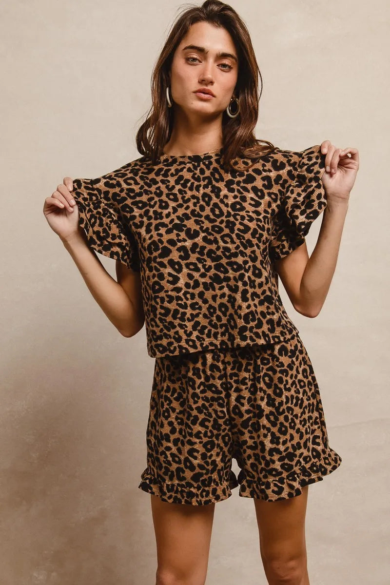 BiBi Leopard Print Waffle Texture Ruffle Sleeve Romper Set