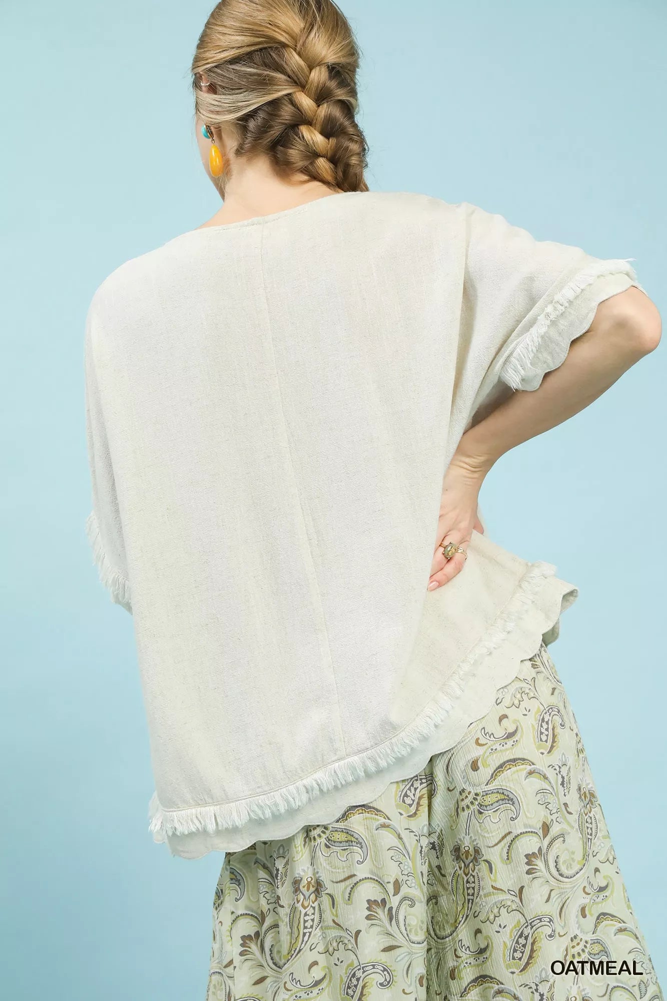 Umgee Linen Frayed Hem Scallop Edge Top in oatmeal sheer fabric