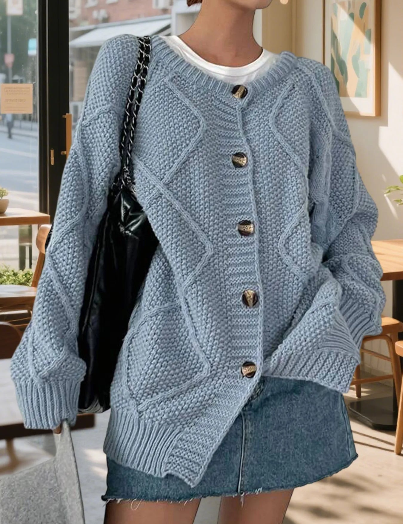 Dusty Blue Button-Front Long Sleeve Cardigan | Cardigans Daverri Fashions