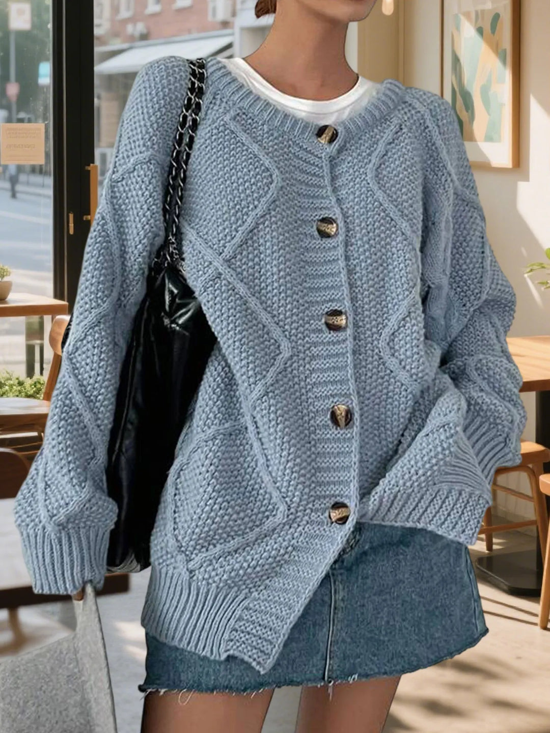 Dusty Blue Button-Front Long Sleeve Cardigan | Cardigans Daverri Fashions