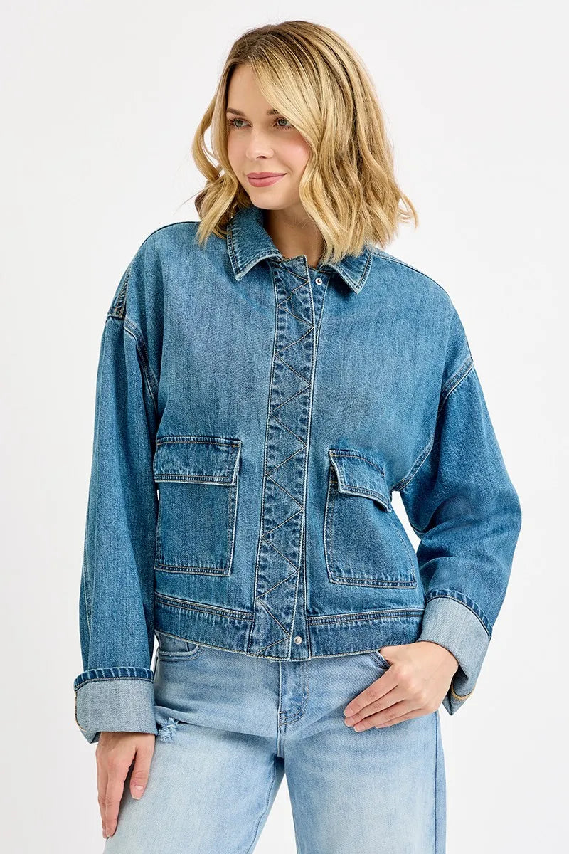 RISEN Oversized Cargo Pocket Denim Jacket with Cuffed Sleeves Denim Jackets