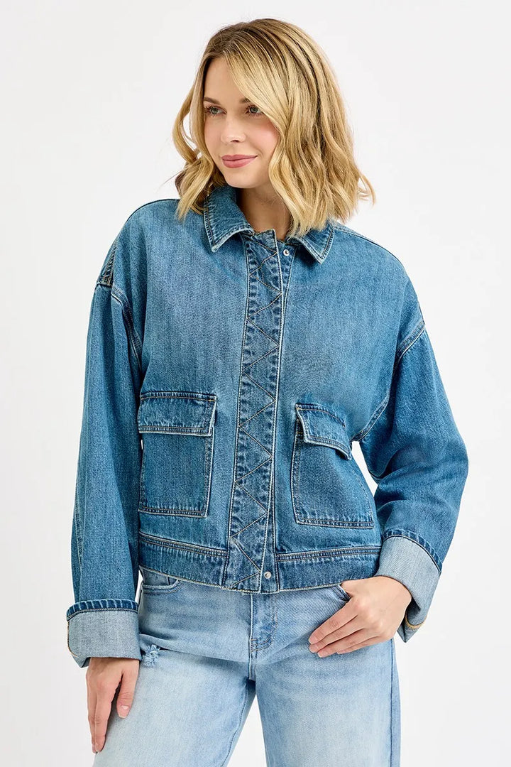 RISEN Oversized Cargo Pocket Denim Jacket with Cuffed Sleeves Denim Jackets