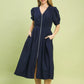 Navy blue Umgee Zip-Front Smocked Waist Midi Dress with puffed sleeves