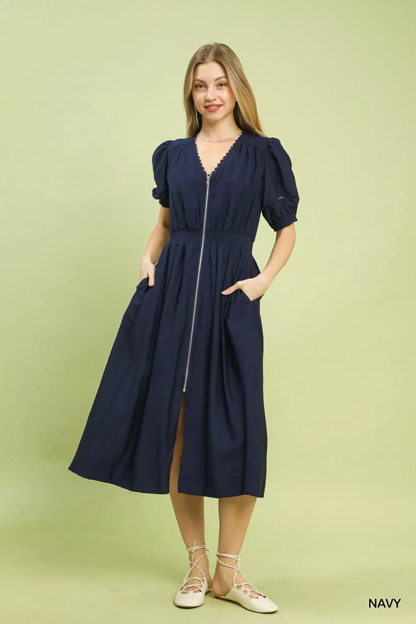 Navy blue Umgee Zip-Front Smocked Waist Midi Dress with puffed sleeves