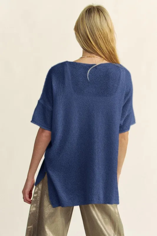 Blue Davi & Dani high-low round neck knit top with short sleeves and side slit