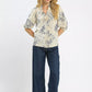 Umgee floral embroidered blouse with ruffle trim, navy pants, gray flats