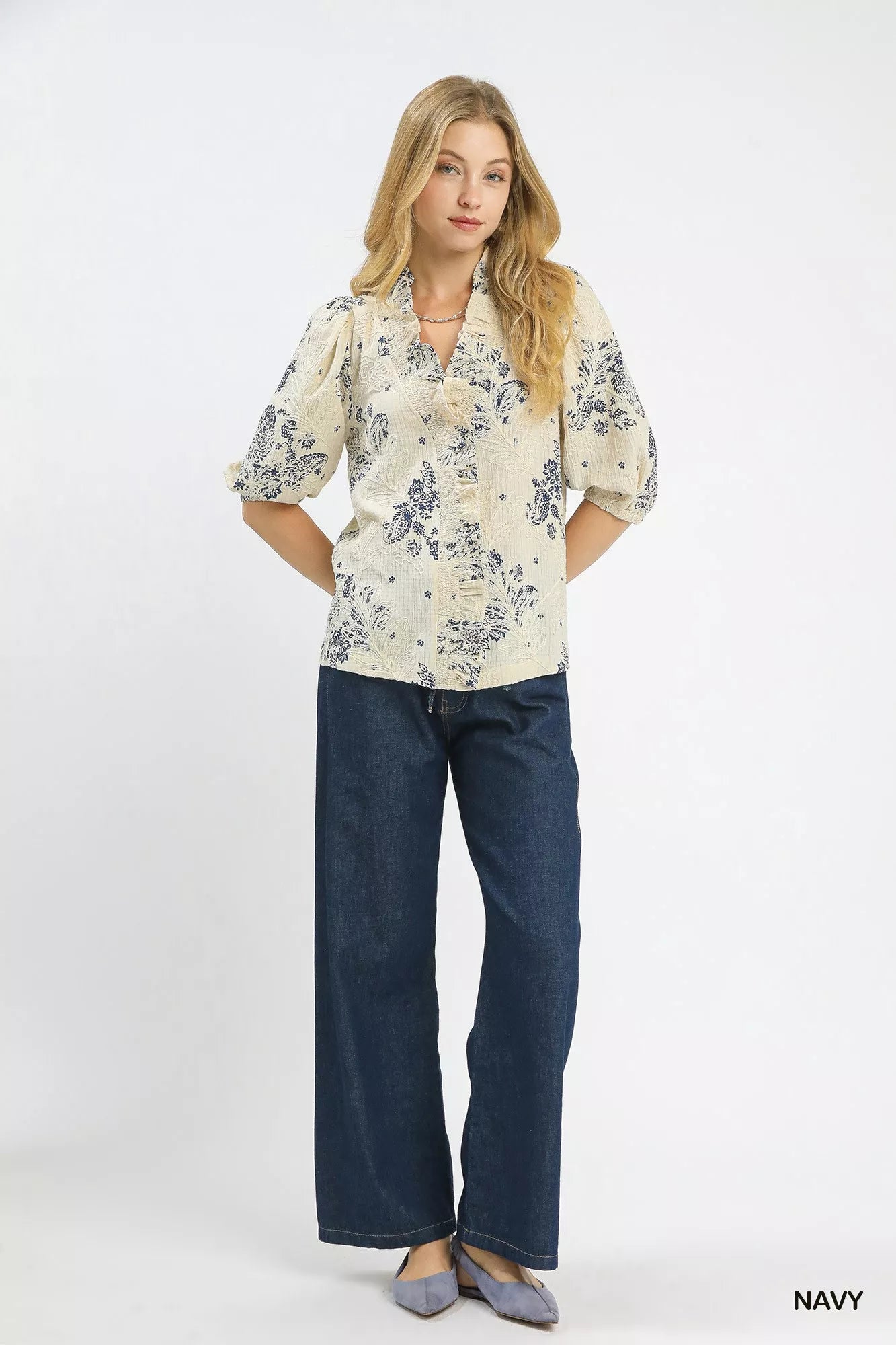 Umgee floral embroidered blouse with ruffle trim, navy pants, gray flats