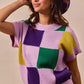 SO ME Mardi Gras Check Plaid Casual Sweater Top in vibrant patchwork knit