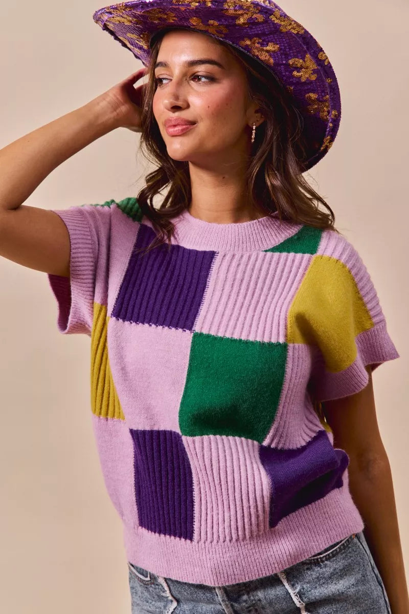 SO ME Mardi Gras Check Plaid Casual Sweater Top in vibrant patchwork knit