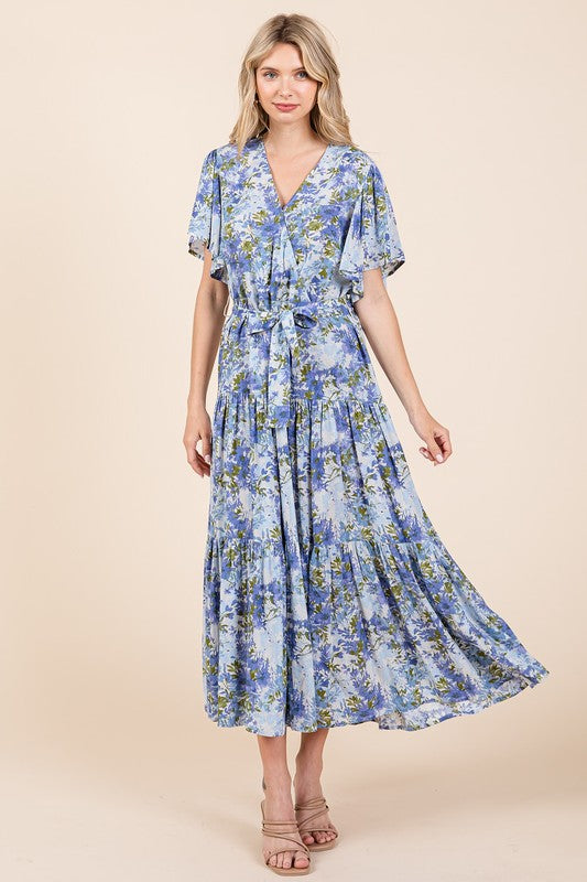 Mittoshop Floral Tie Waist Flutter Sleeve Tiered Dress