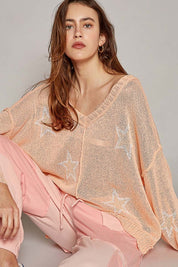 POL V-Neck Long Sleeve Star Print Knit Top Peach