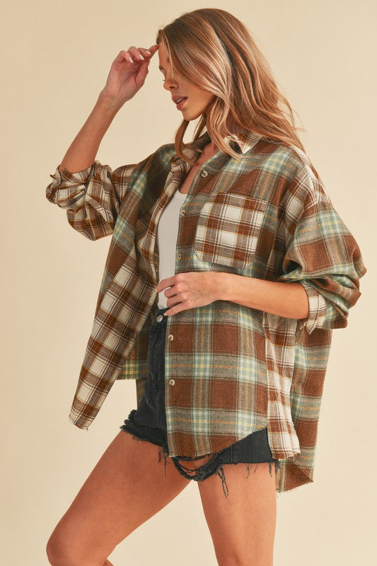 Aemi + Co Frayed Hem Plaid Button Up Flannel Shirt Shirts