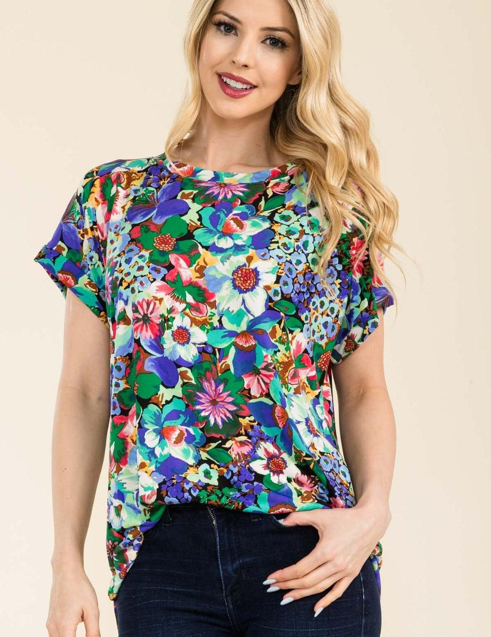 Round Neck Short Sleeve Floral Top Shirts & Tops