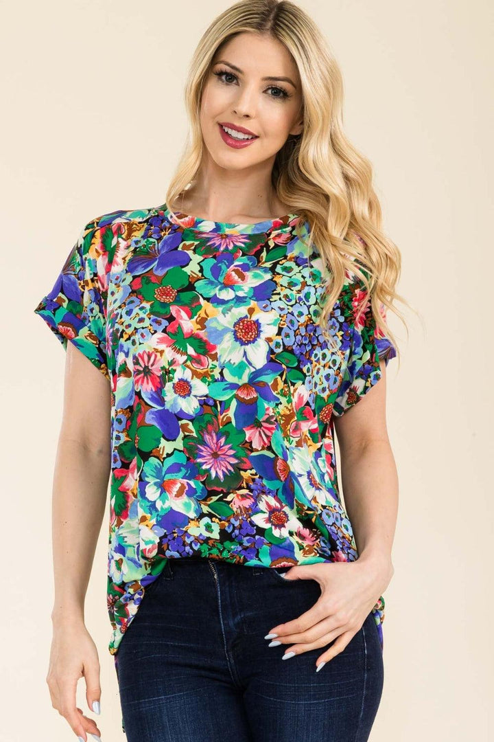 Round Neck Short Sleeve Floral Top Shirts & Tops