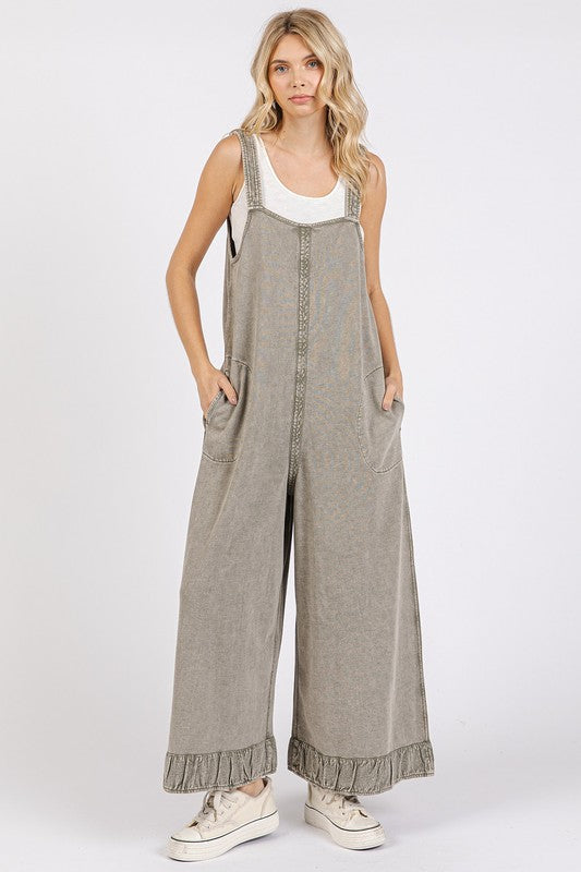 Mittoshop Ruffled Hem Wide Leg Overalls with Pockets LT MOSS