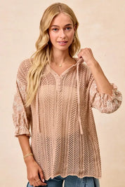 BiBi Jacquard Flower Puff Sleeve Hooded Knit Top | Tops Daverri Fashions