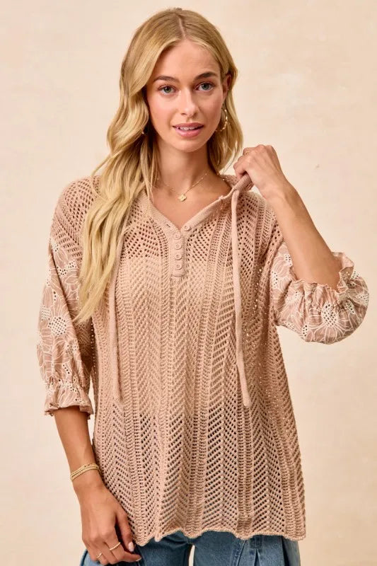 BiBi Jacquard Flower Puff Sleeve Hooded Knit Top | Tops Daverri Fashions